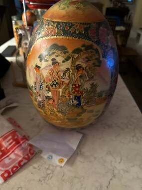 JUMBO Satsuma Egg Japanese VINTAGE Collectible Porcelain With Wooden Base. 24”